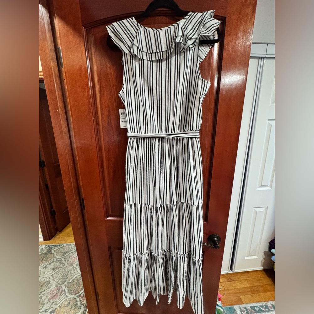 NWT INC Striped Ruffle Maxi Dress - White & Black with gold thread - Picture 10 of 10